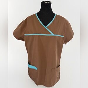 MedGear Scrub Top Womens Medium Brown Teal Trim Scrub V-Neck Pockets